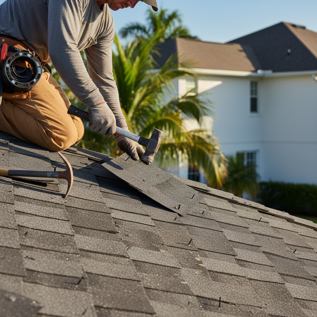 Roofer repairing storm damaged roof